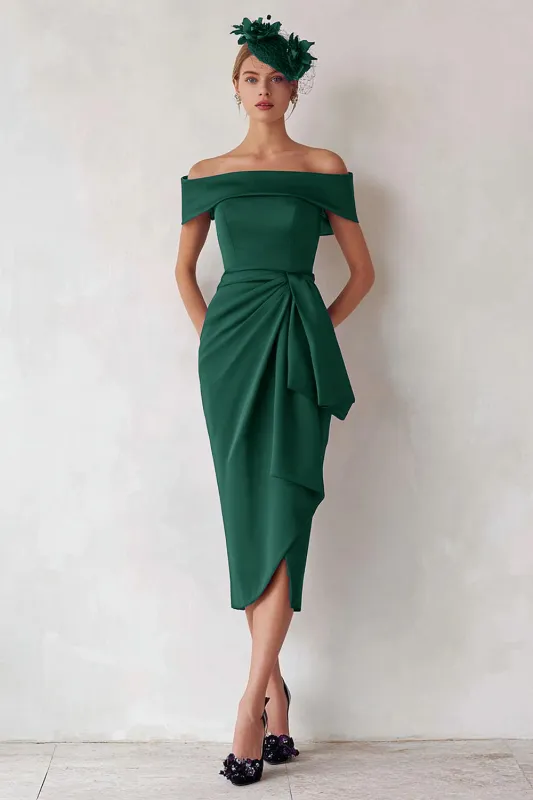Off the Shoulder Dark Green Sheath Ruched Mother of the Bride Dress sold by Zapaka