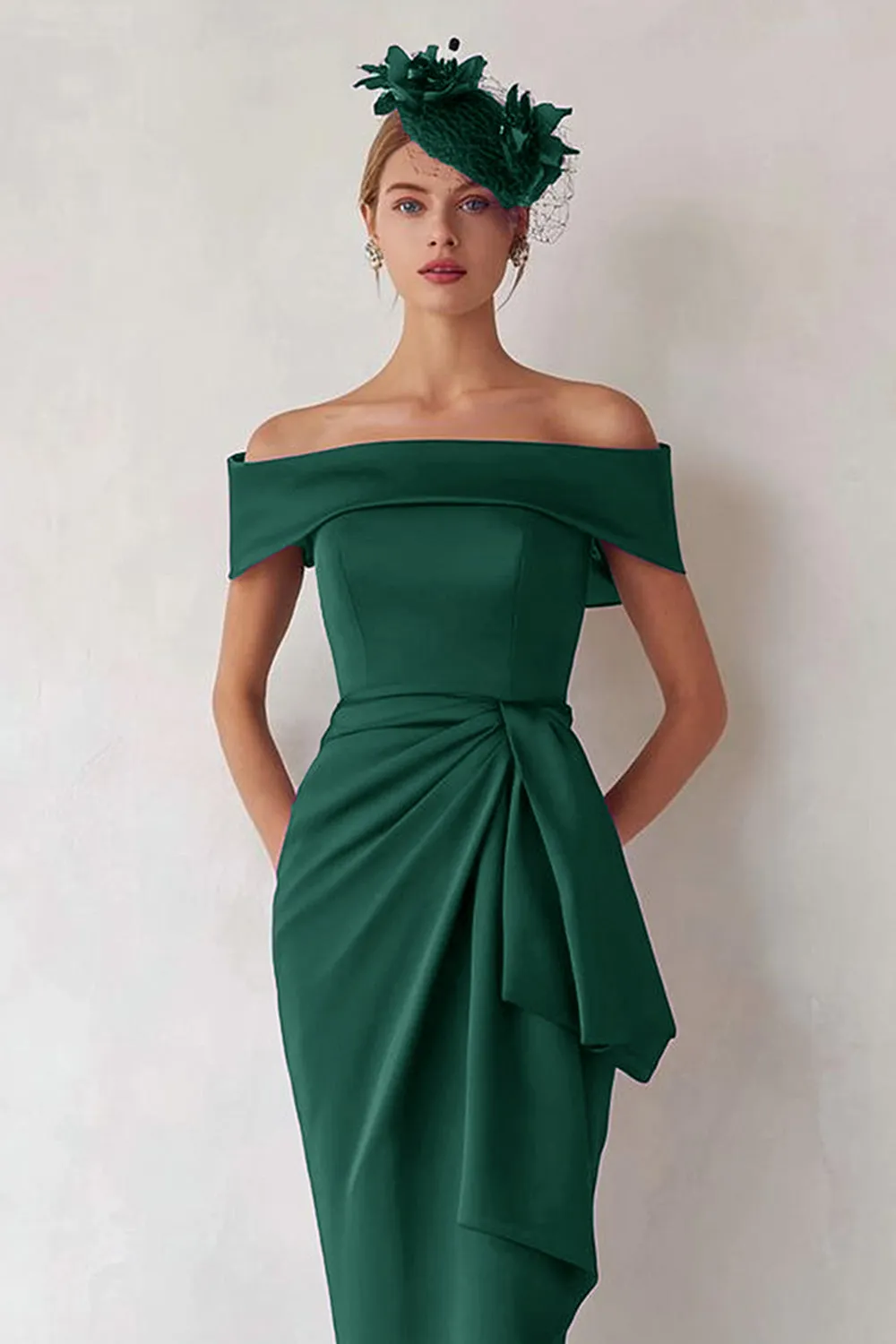 Off the Shoulder Dark Green Sheath Ruched Mother of the Bride Dress sold by Zapaka product image thumbnail 2