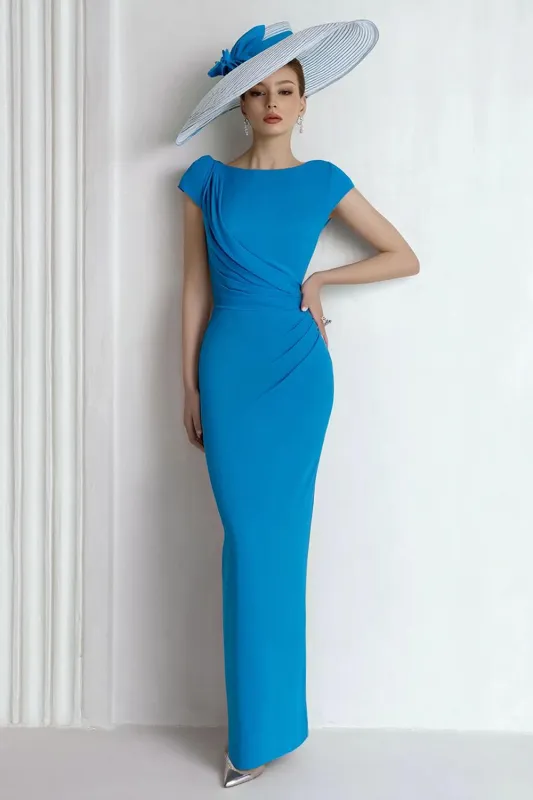 Sheath Chiffon Blue Bateau Mother of the Bride Dress with Cap Sleeves sold by Zapaka