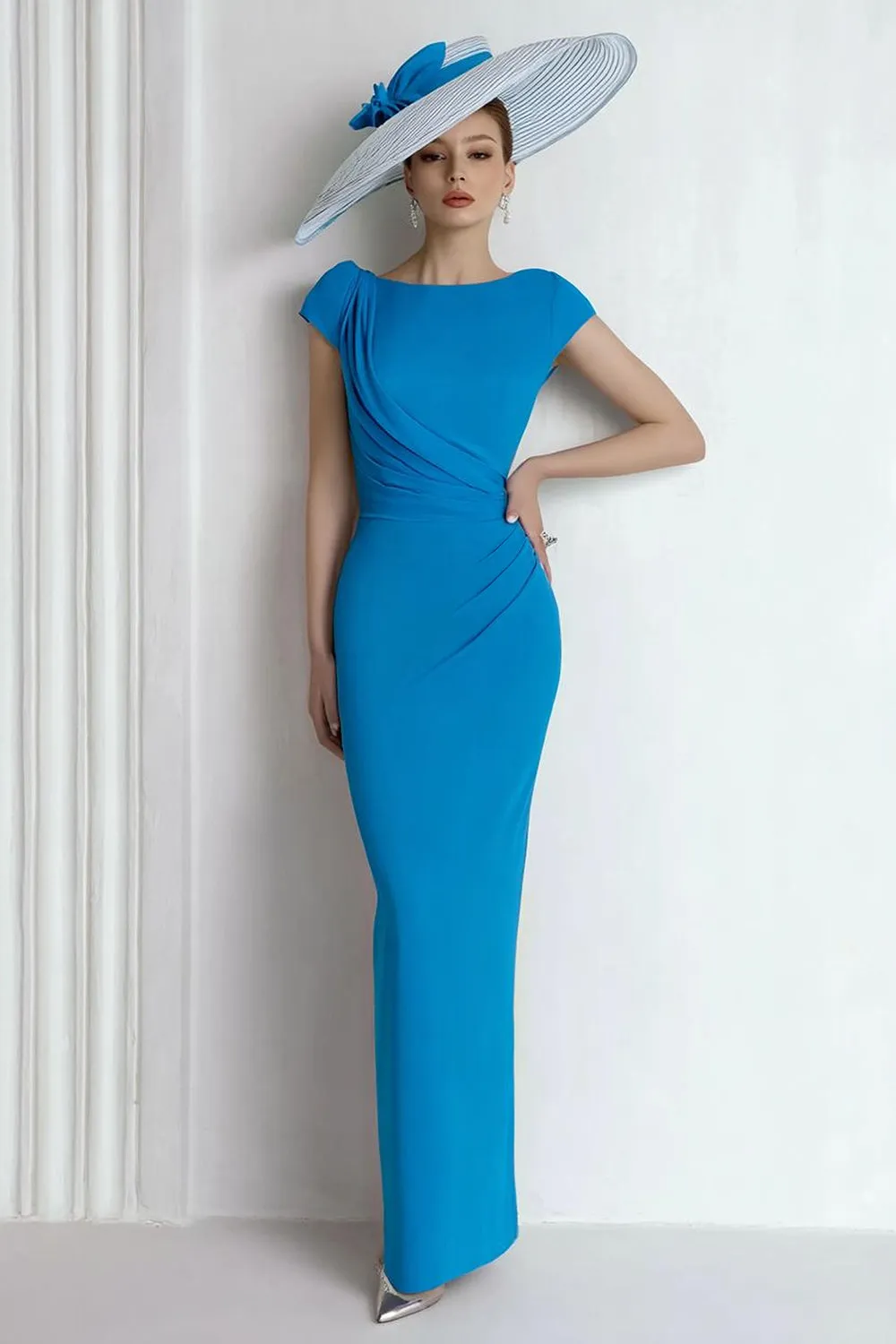 Sheath Chiffon Blue Bateau Mother of the Bride Dress with Cap Sleeves sold by Zapaka
