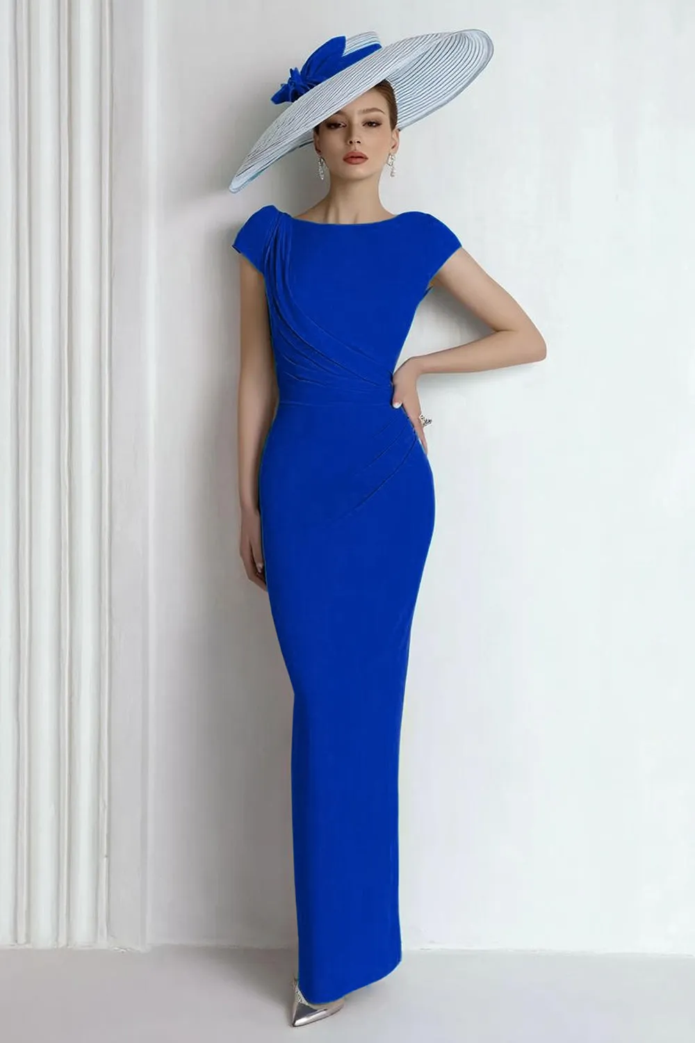 Sheath Chiffon Blue Bateau Mother of the Bride Dress with Cap Sleeves sold by Zapaka product image thumbnail 3
