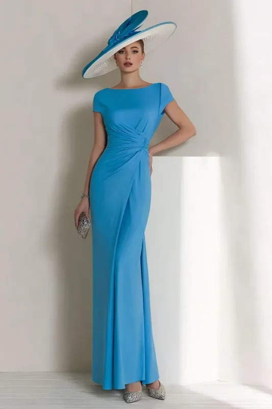 Blue Chiffon Sheath Bateau Ruched Mother of the Bride Dress sold by Zapaka