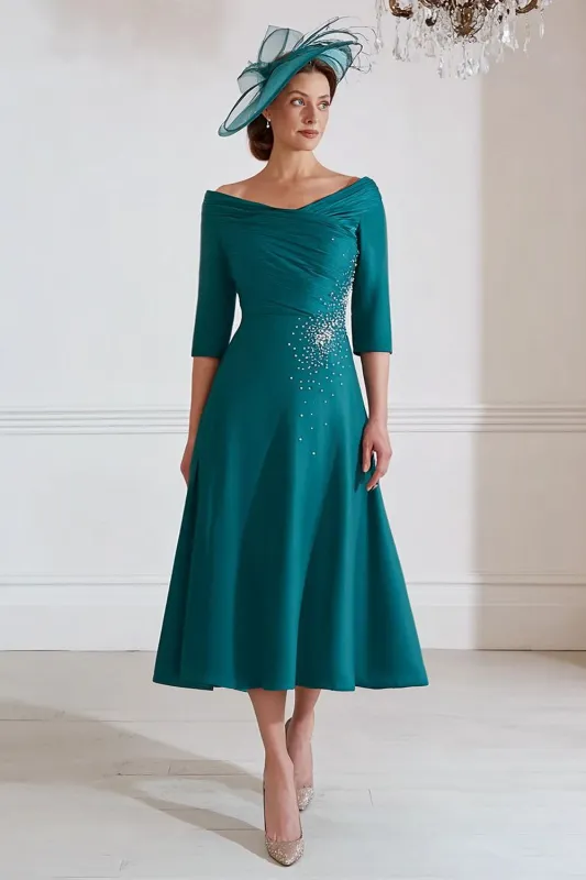 Peacock Green A Line Midi Mother of the Bride Dress with Half Sleeves sold by Zapaka