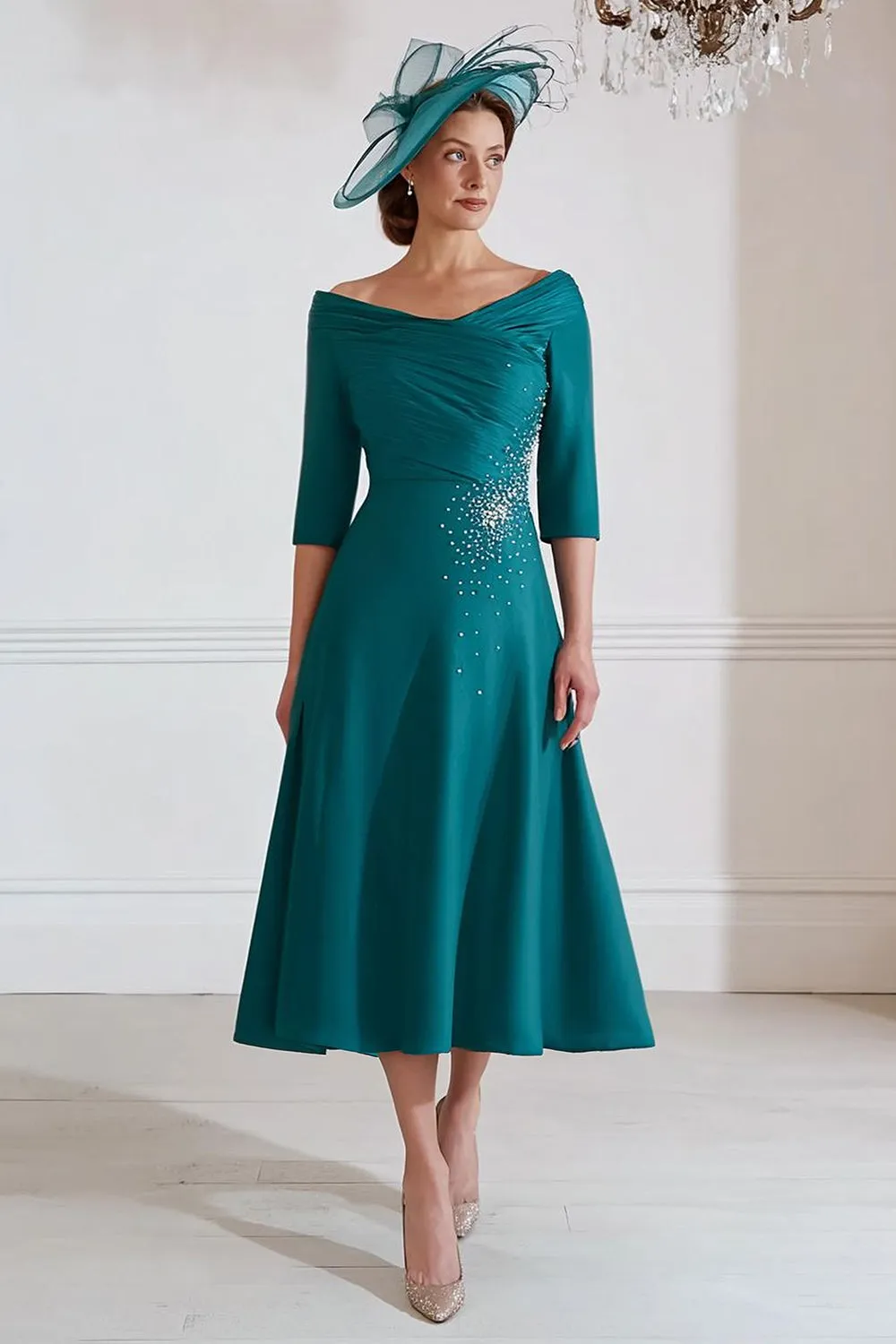 Peacock Green A Line Midi Mother of the Bride Dress with Half Sleeves sold by Zapaka