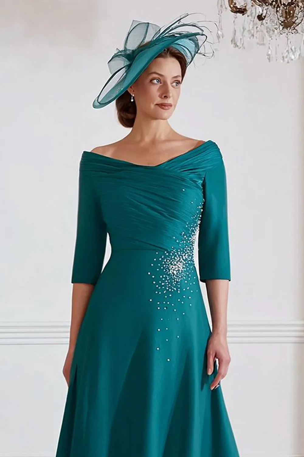 Peacock Green A Line Midi Mother of the Bride Dress with Half Sleeves sold by Zapaka product image thumbnail 2