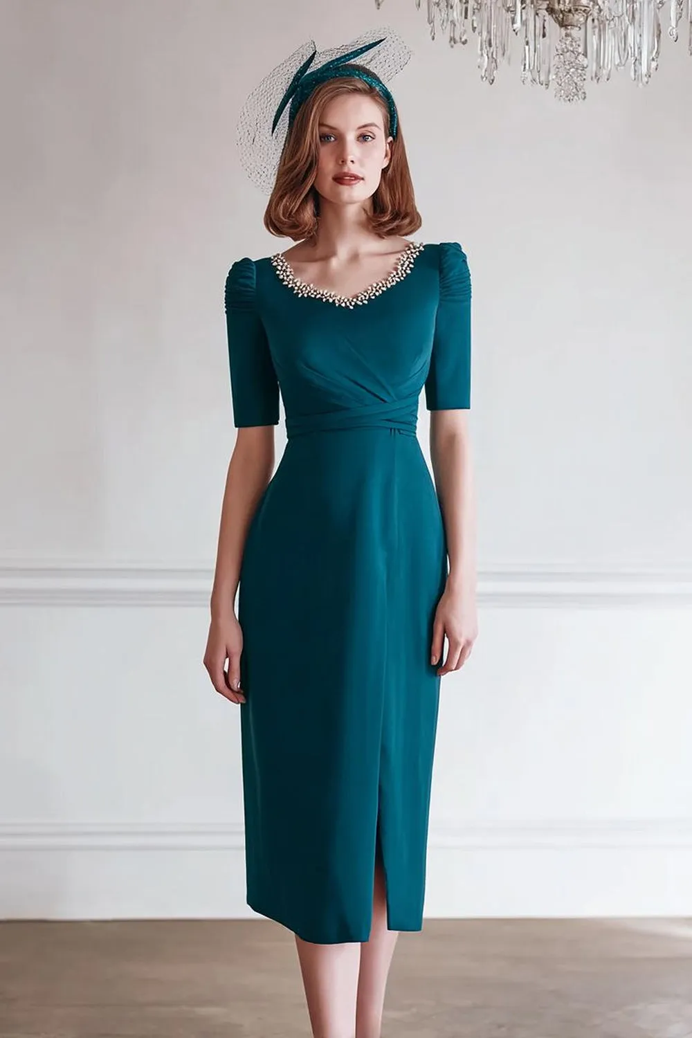 Peacock Blue Chiffon Sheath Bateau Mother of the Bride Dress with Slit sold by Zapaka