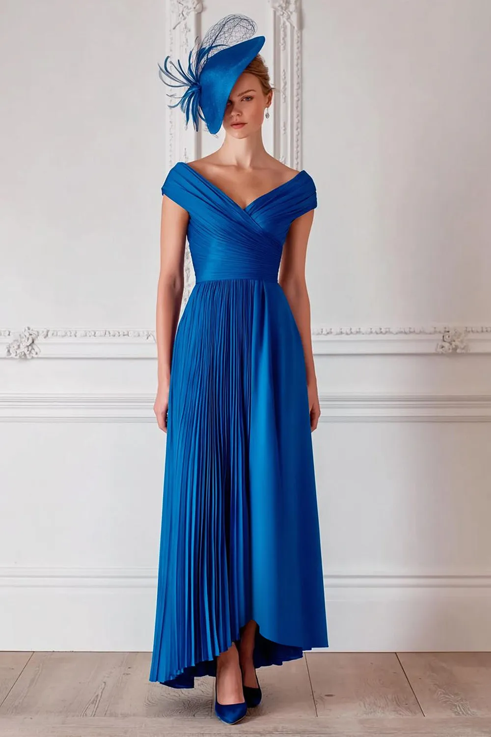 Royal Blue Off the Shoulder Satin A Line Mother of the Bride Dress sold by Zapaka