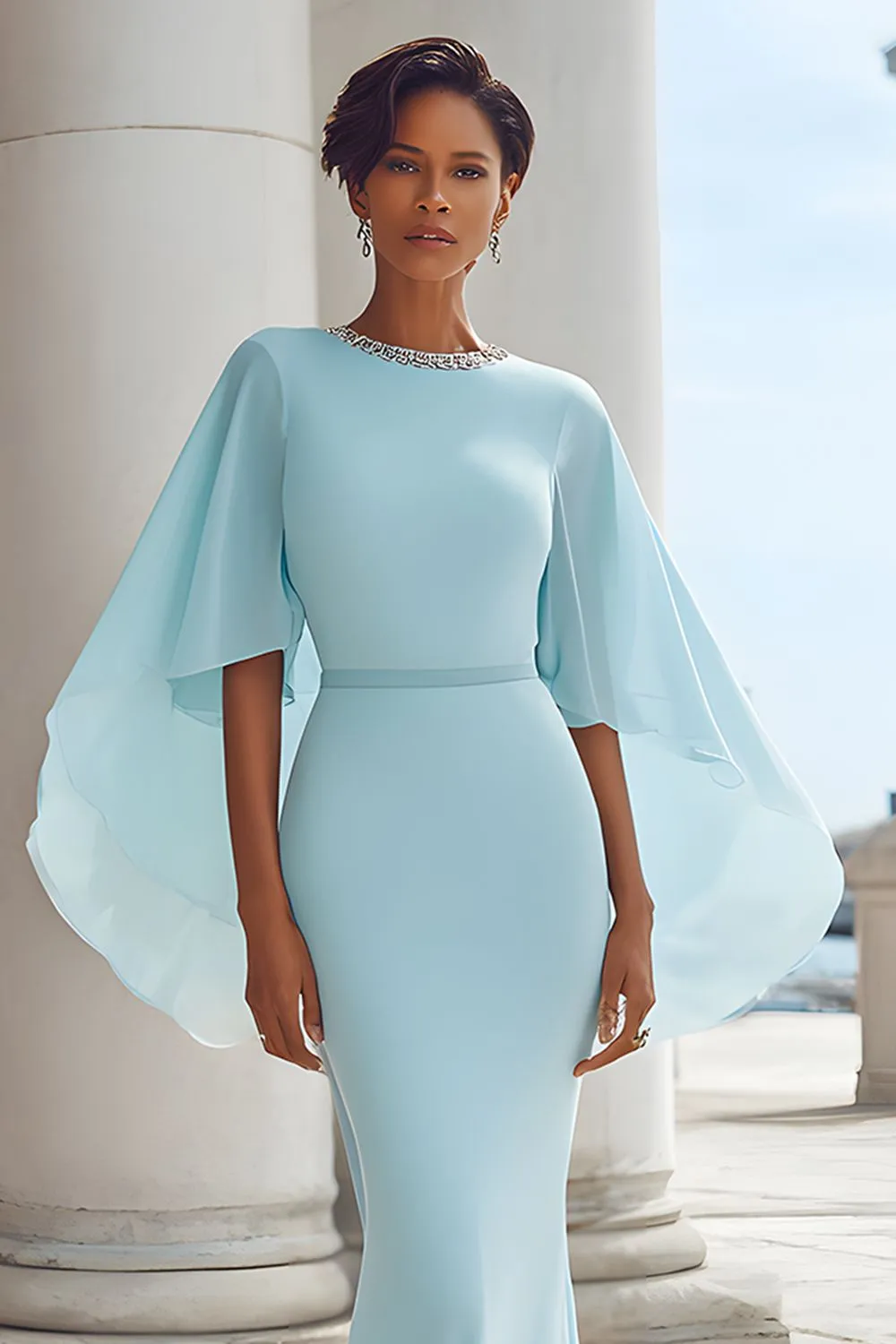 Light Blue Mermaid Beaded Round Neck Maxi Mother of the Bride Dress with Cape sold by Zapaka product image thumbnail 2