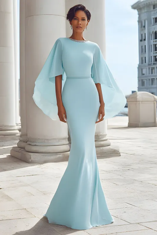 Light Blue Mermaid Beaded Round Neck Maxi Mother of the Bride Dress with Cape sold by Zapaka