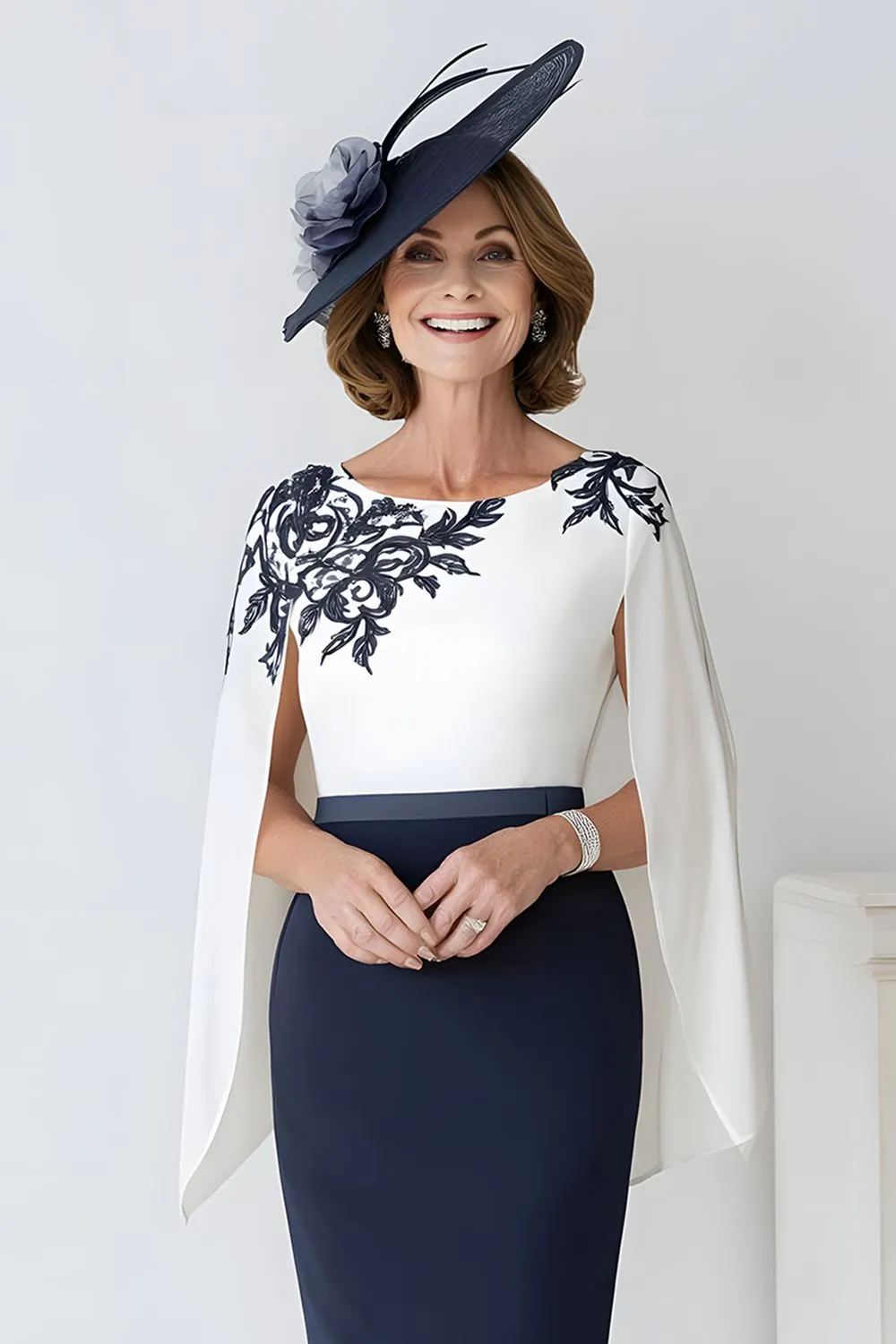 Navy White Sheath Round Neck Midi Mother of the Bride Dress with Cape sold by Zapaka product image thumbnail 2