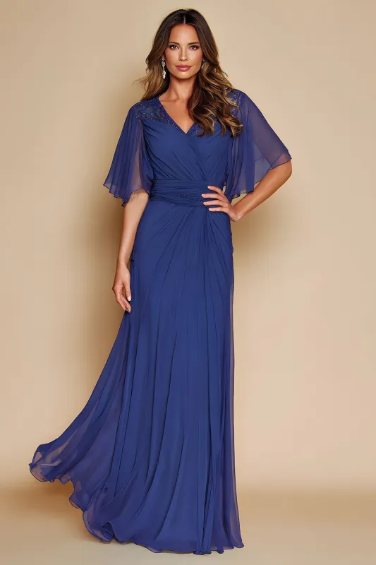 Dark Blue A Line Flowy V-Neck Maxi Mother of the Bride Dress with Sleeves sold by Zapaka