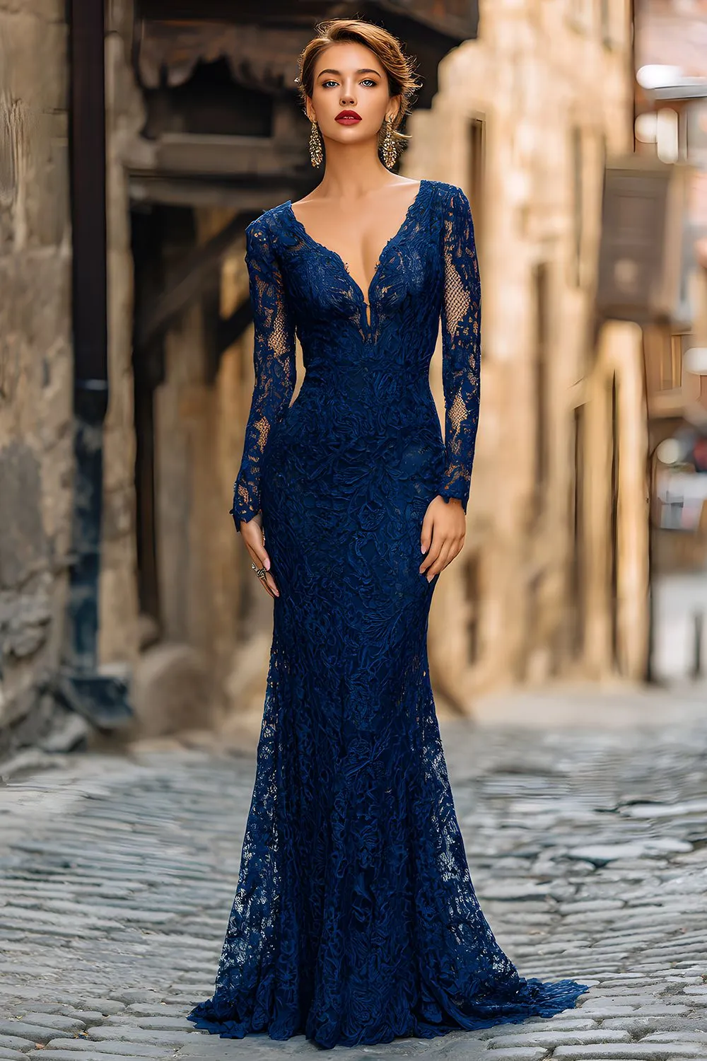 Navy Lace Mermaid V-Neck Maxi Mother of the Bride Dress with Sleeves sold by Zapaka