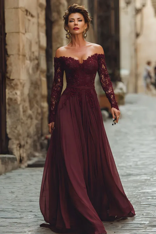 Cabernet A Line Off the Shoulder Long Mother of the Bride Dress with Lace sold by Zapaka