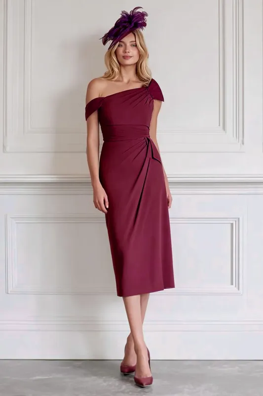 Off the Shoulder Burgundy Sheath Chiffon Midi Mother of the Bride Dress sold by Zapaka