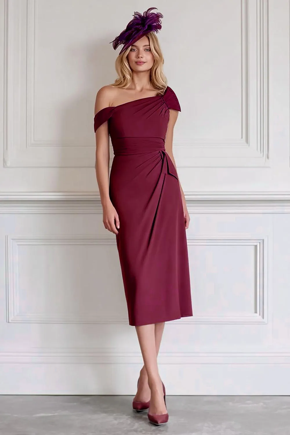 Off the Shoulder Burgundy Sheath Chiffon Midi Mother of the Bride Dress sold by Zapaka
