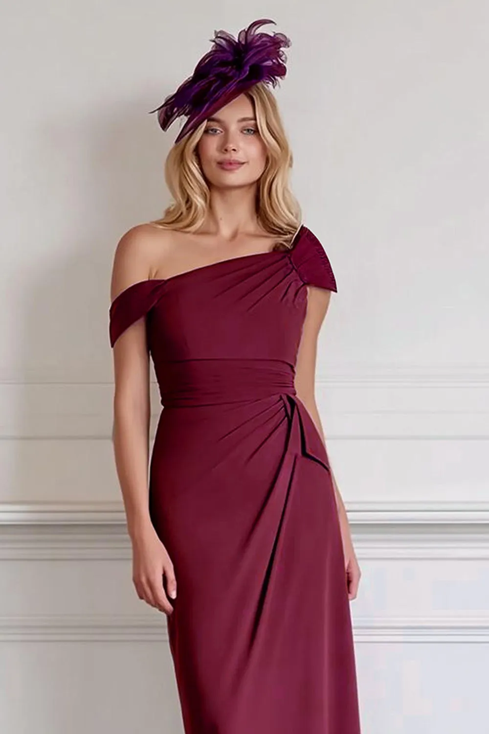 Off the Shoulder Burgundy Sheath Chiffon Midi Mother of the Bride Dress sold by Zapaka product image thumbnail 2