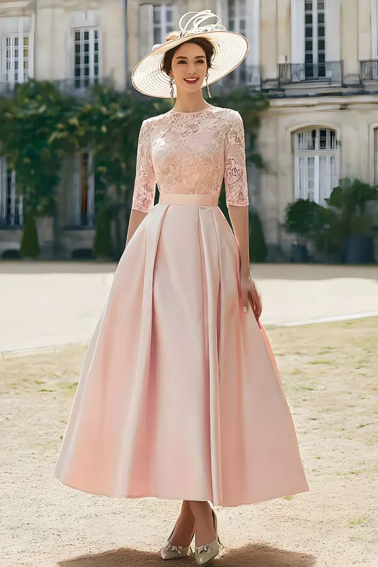Blush Pink A Line Satin Long Mother of the Bride Dress with Lace sold by Zapaka