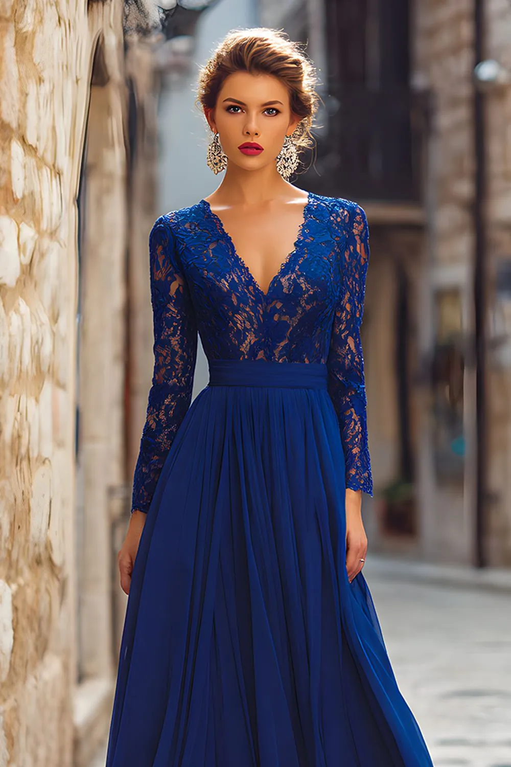 Dark Blue Chiffon V-Neck Long Sleeves Mother of the Bride Dress with Lace sold by Zapaka product image thumbnail 2