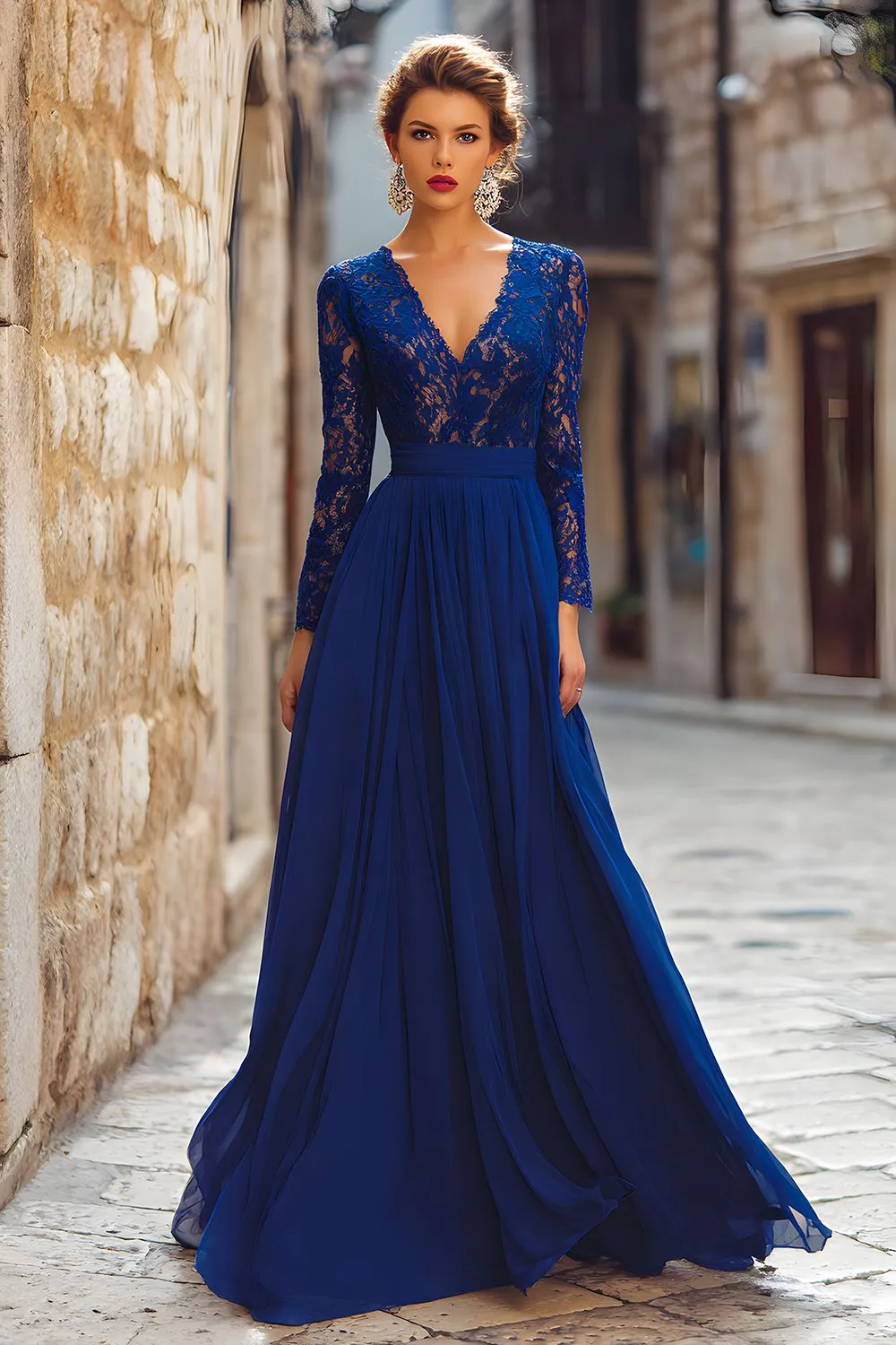 Dark Blue Chiffon V-Neck Long Sleeves Mother of the Bride Dress with Lace sold by Zapaka