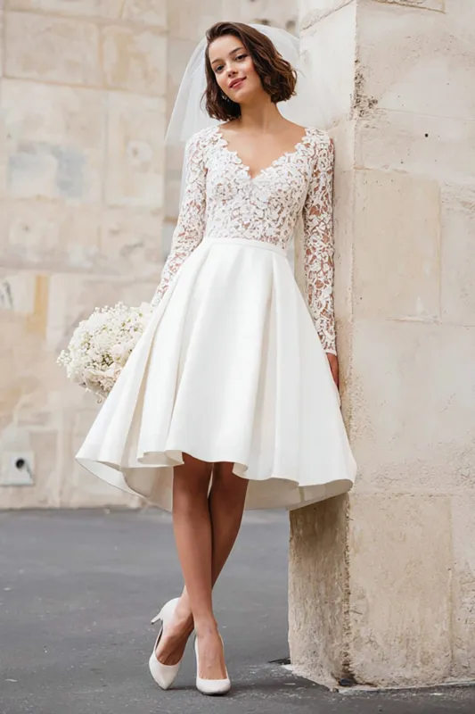 A-Line V-Neck Ivory Applique Midi Engagement Dress sold by Zapaka
