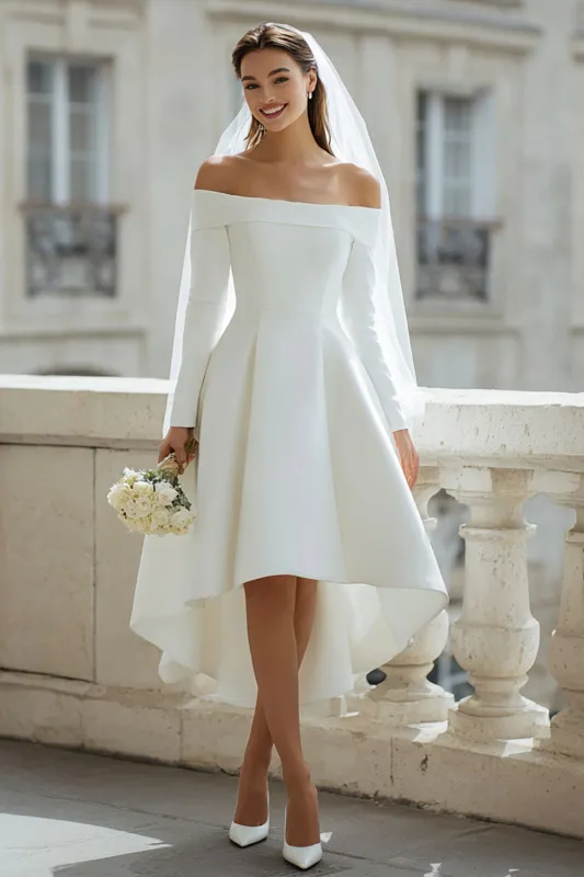 Off the Shoulder A-Line Ivory Asymmetrical Engagement Dress sold by Zapaka