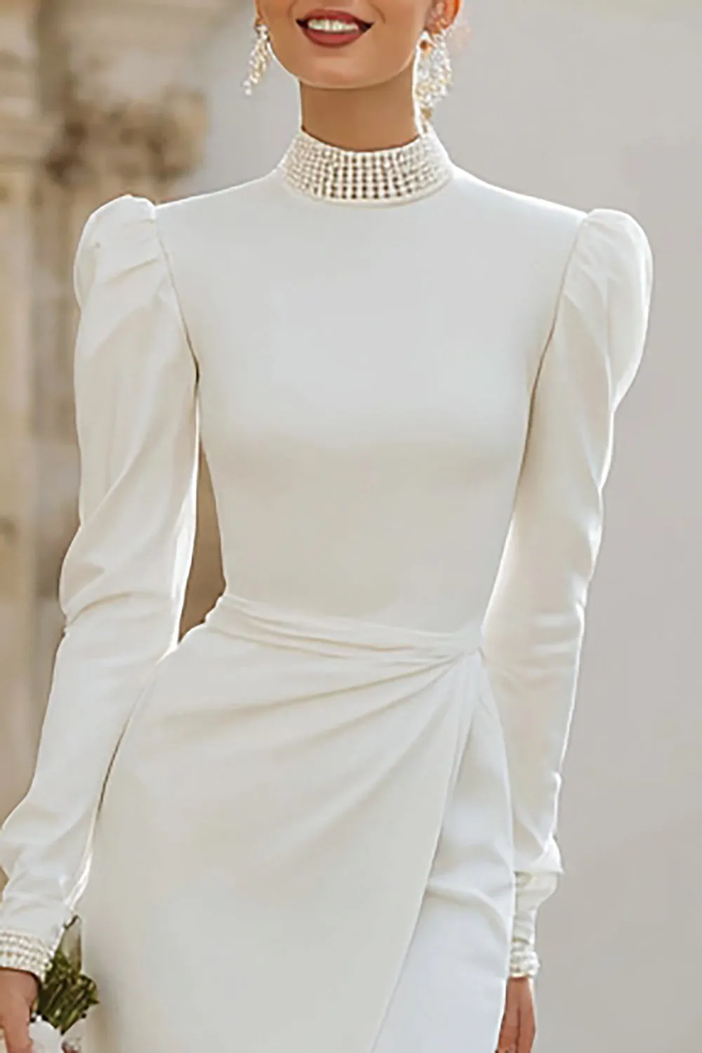 Ivory High Neck Bodycon Engagement Dress with Slit sold by Zapaka product image thumbnail 2