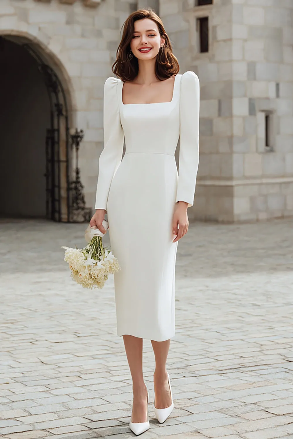 Ivory Square Neckline Bodycon Midi Engagement Dress sold by Zapaka