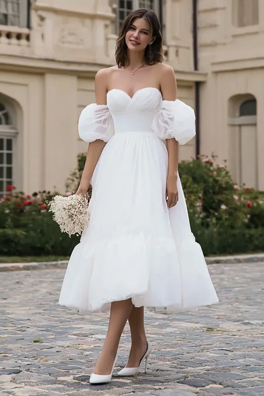 A-Line Ivory Sweetheart Neck Engagement Dress with Ruffles sold by Zapaka