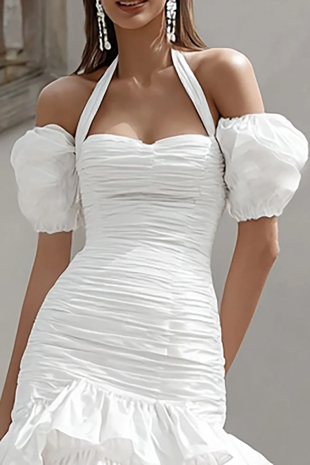 Ivory Halter Bodycon Mini Tiered Engagement Dress with Ruffles sold by Zapaka product image thumbnail 2