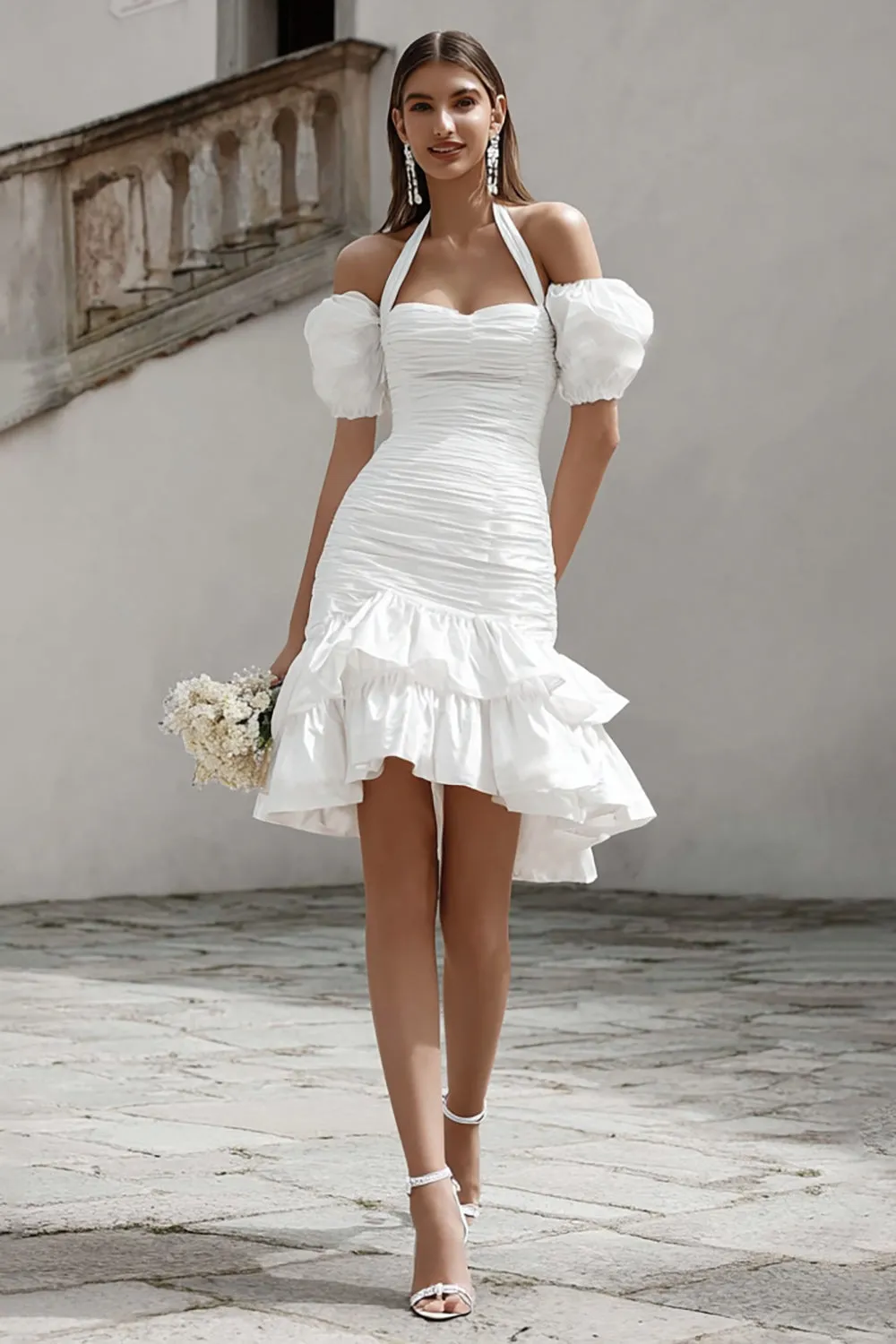 Ivory Halter Bodycon Mini Tiered Engagement Dress with Ruffles sold by Zapaka