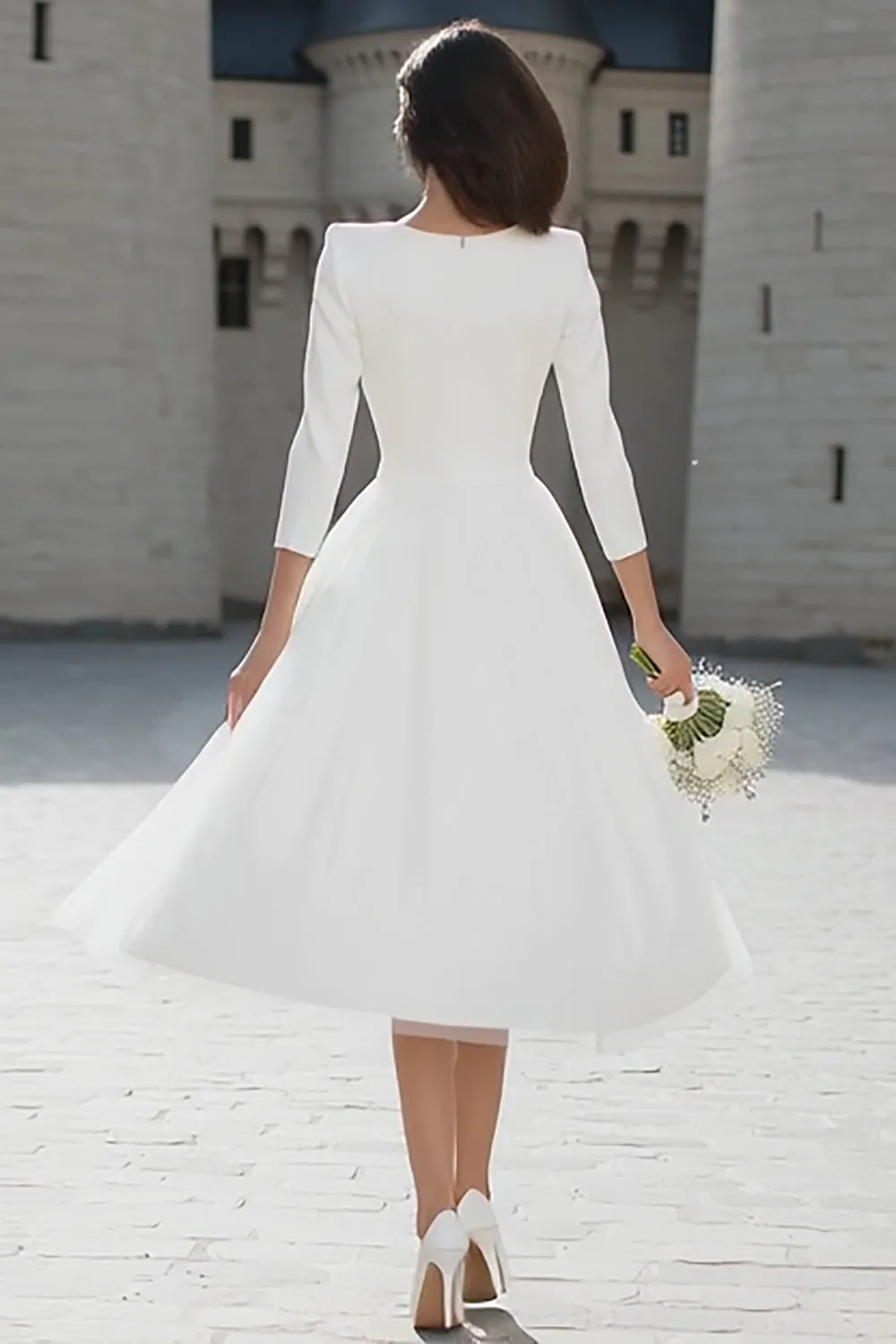 A-Line Ivory V-Neck Midi Engagement Dress sold by Zapaka product image thumbnail 2