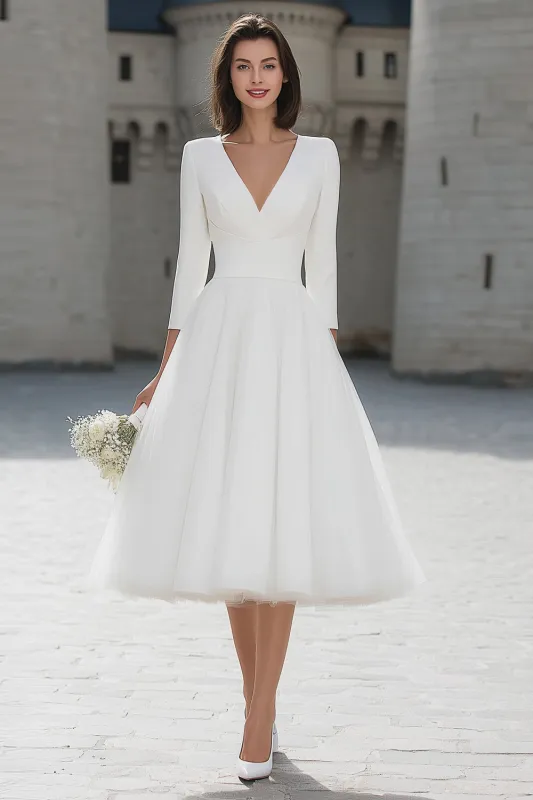 A-Line Ivory V-Neck Midi Engagement Dress sold by Zapaka