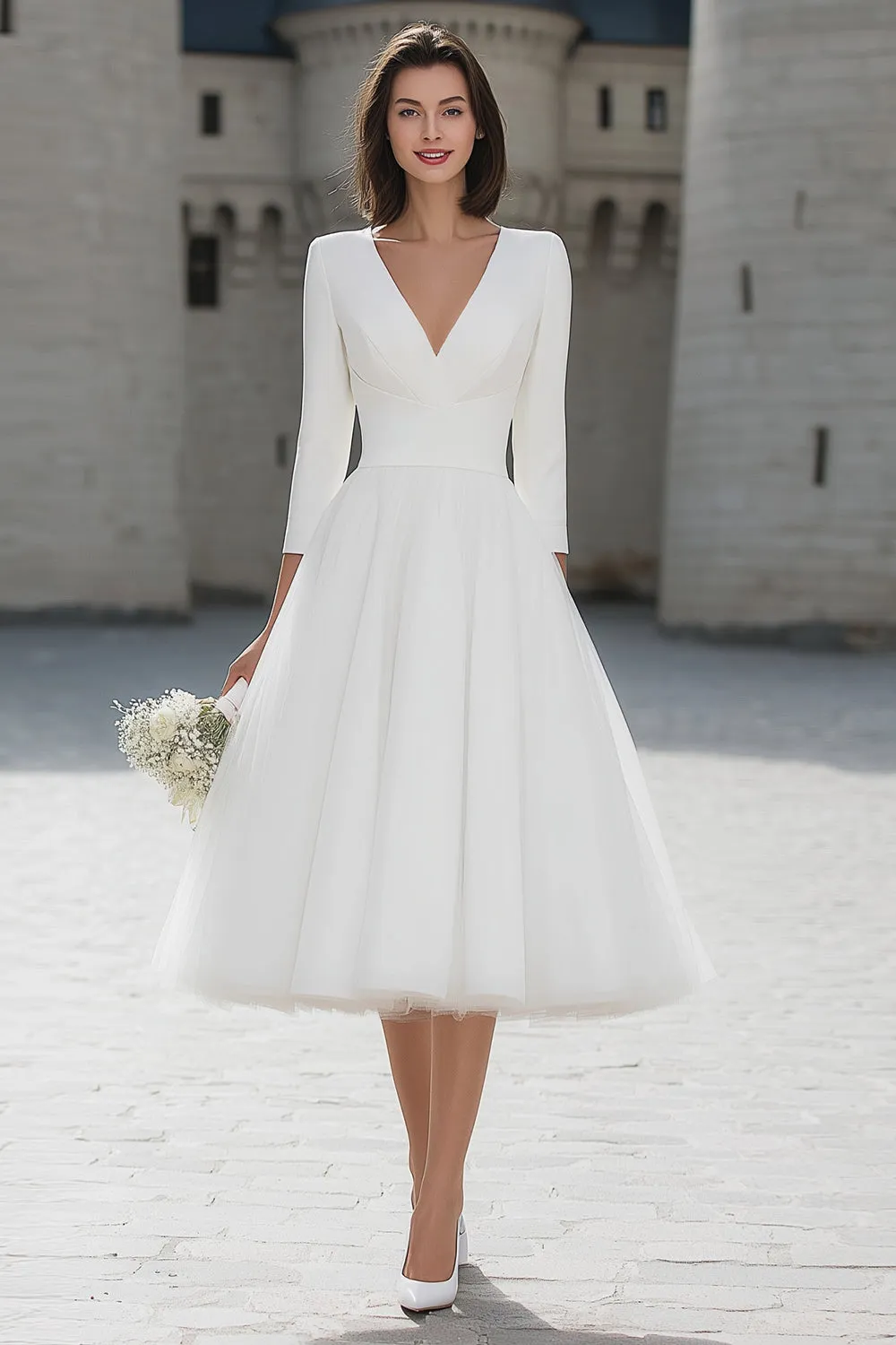 A-Line Ivory V-Neck Midi Engagement Dress sold by Zapaka