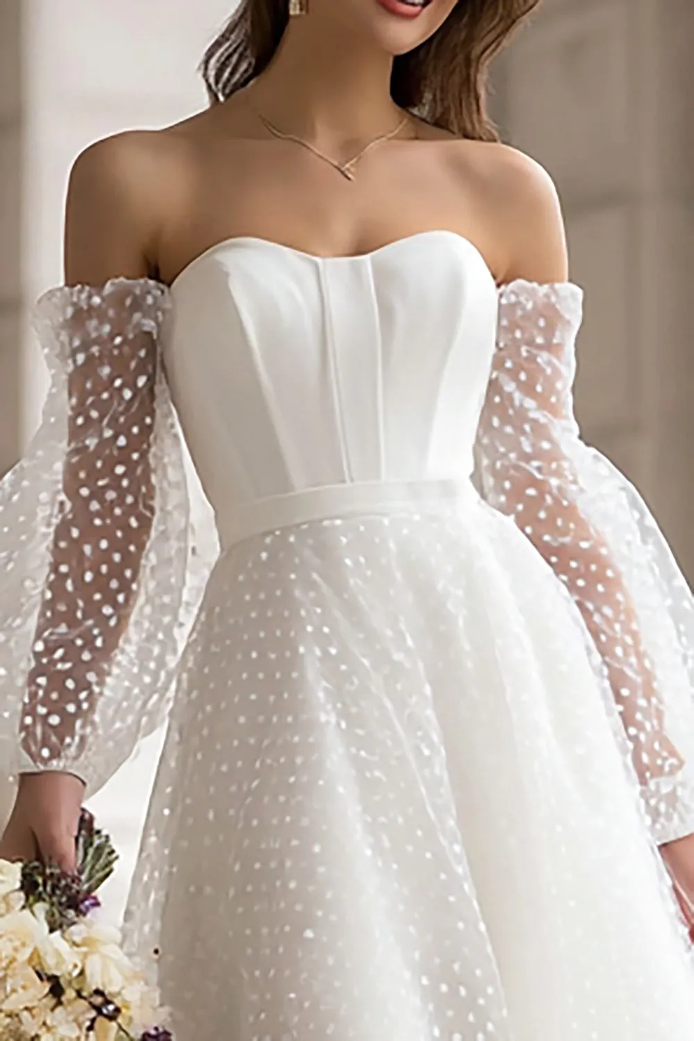 Ivory Off the Shoulder A-Line Polka Dots Engagement Dress sold by Zapaka product image thumbnail 3
