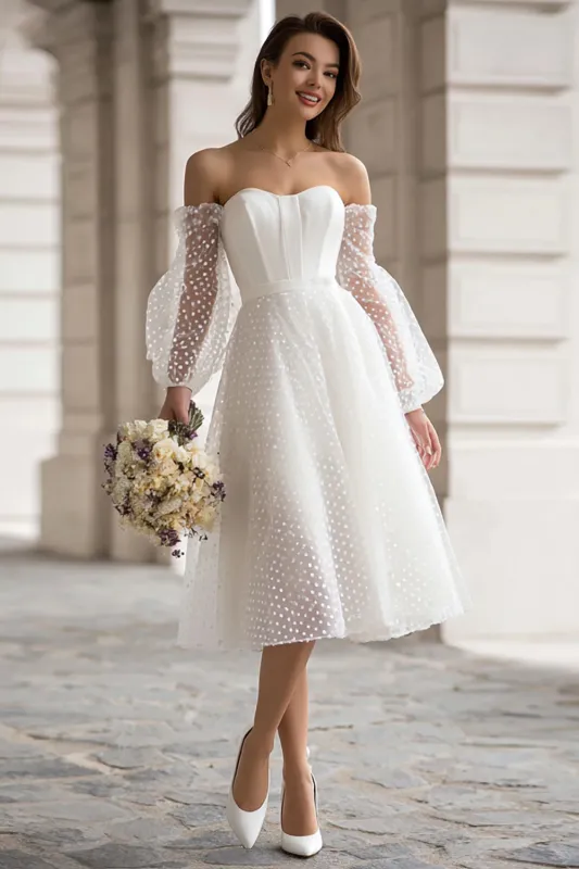 Ivory Off the Shoulder A-Line Polka Dots Engagement Dress sold by Zapaka