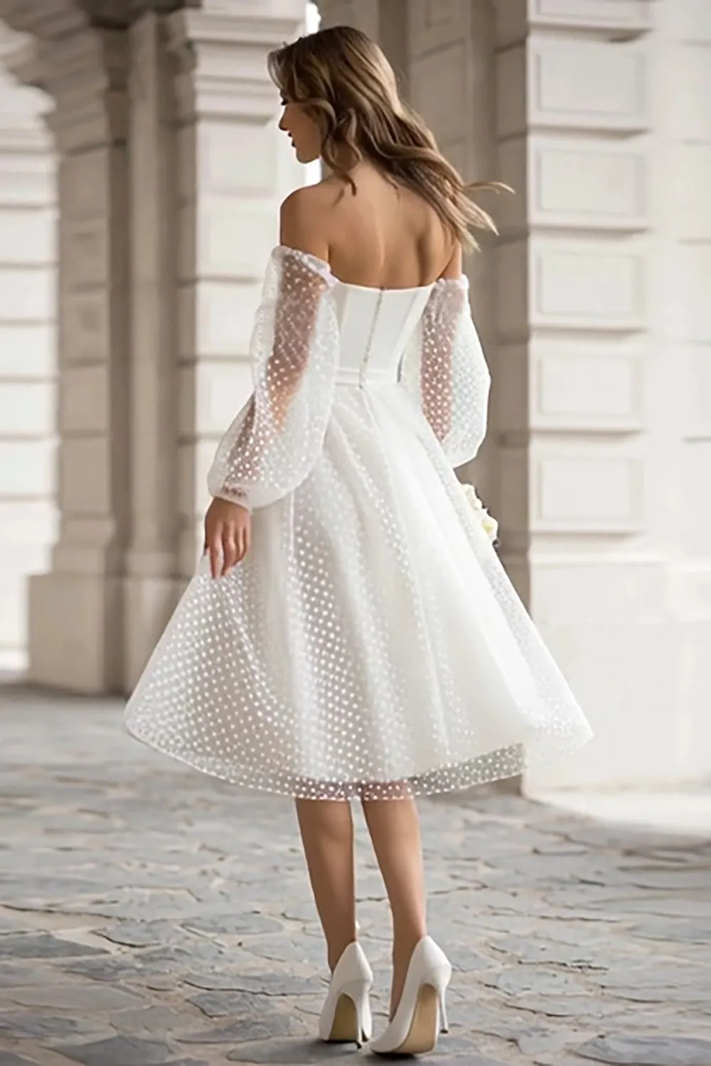 Ivory Off the Shoulder A-Line Polka Dots Engagement Dress sold by Zapaka product image thumbnail 2