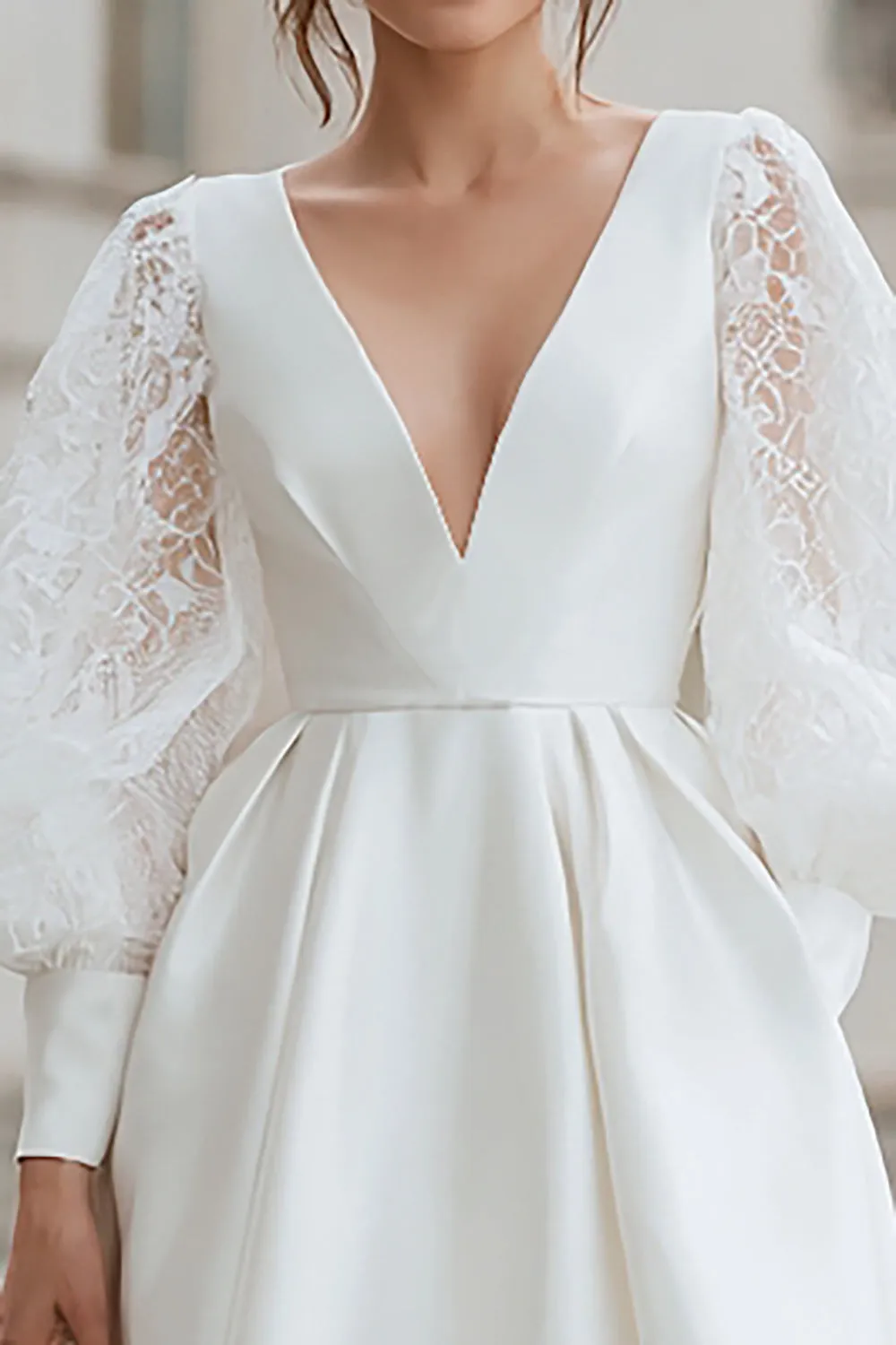 Ivory A-Line V-Neck Mini Satin Engagement Dress sold by Zapaka product image thumbnail 3