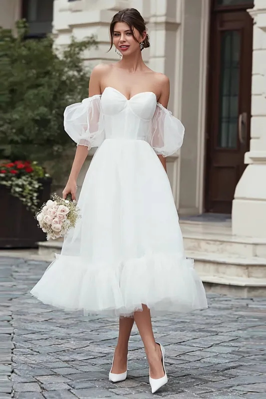 Sweetheart Neck A-Line Ivory Midi Tulle Engagement Dress sold by Zapaka