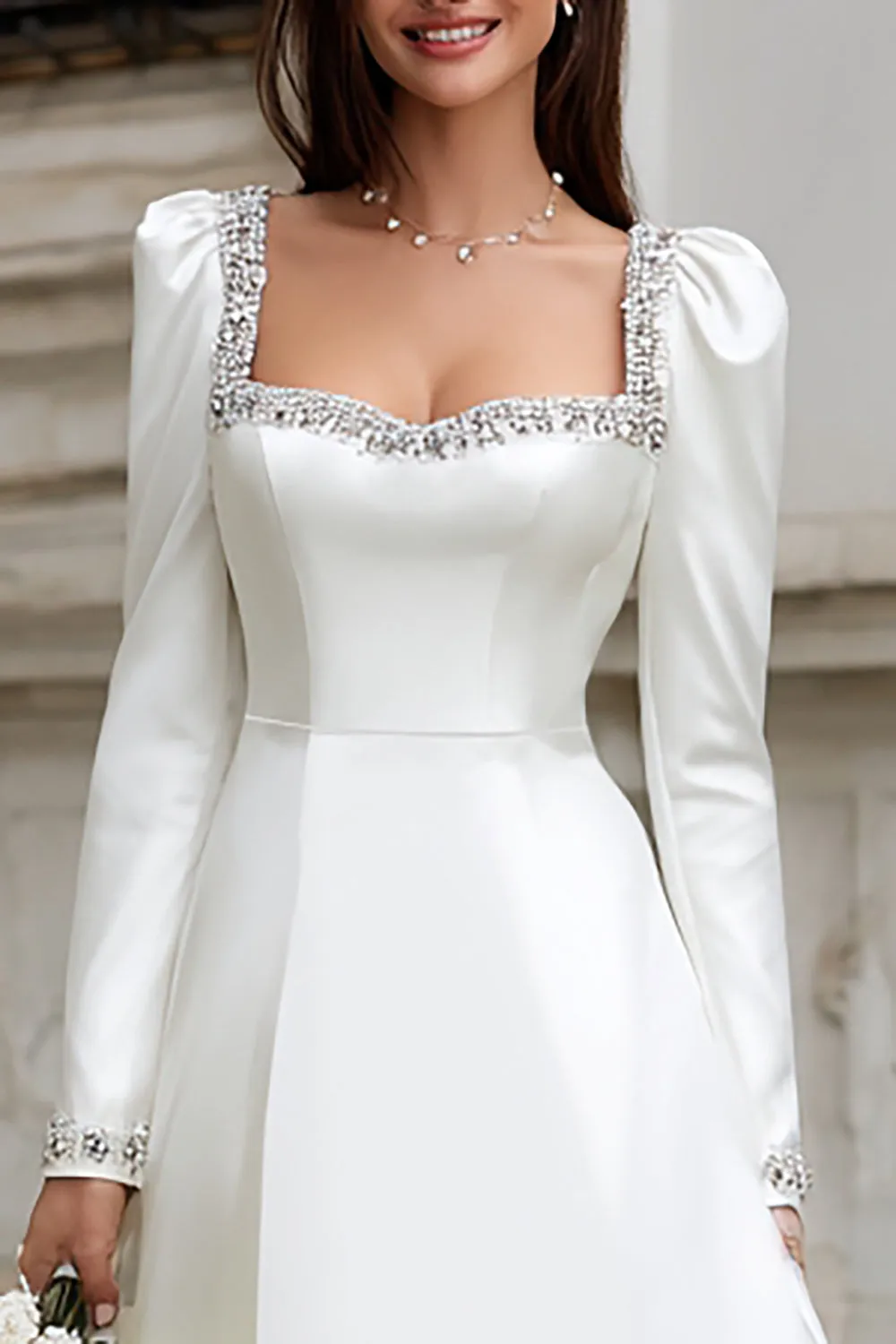 A-Line Ivory Square Neckline Satin Engagement Dress sold by Zapaka product image thumbnail 3