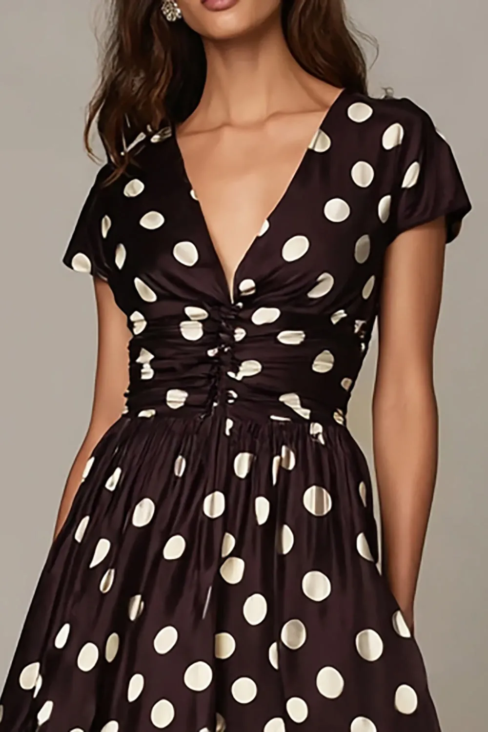 Dark Brown White Dots A Line V-Neck Formal Dress with Sleeves sold by Zapaka product image thumbnail 3