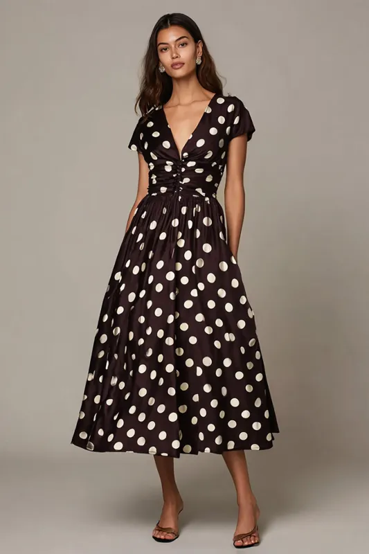 Dark Brown White Dots A Line V-Neck Formal Dress with Sleeves sold by Zapaka