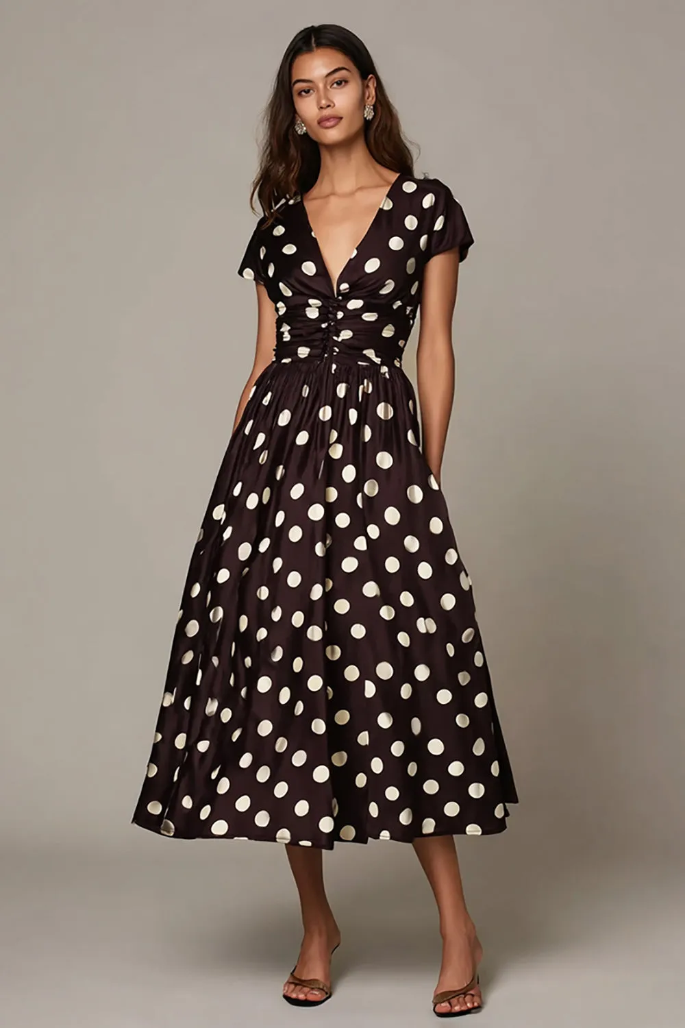 Dark Brown White Dots A Line V-Neck Formal Dress with Sleeves sold by Zapaka