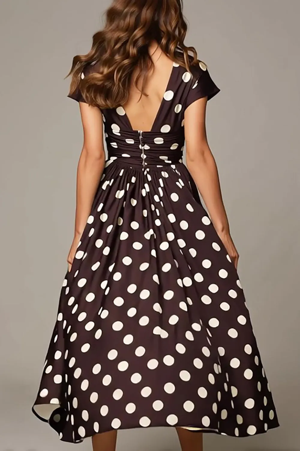 Dark Brown White Dots A Line V-Neck Formal Dress with Sleeves sold by Zapaka product image thumbnail 2