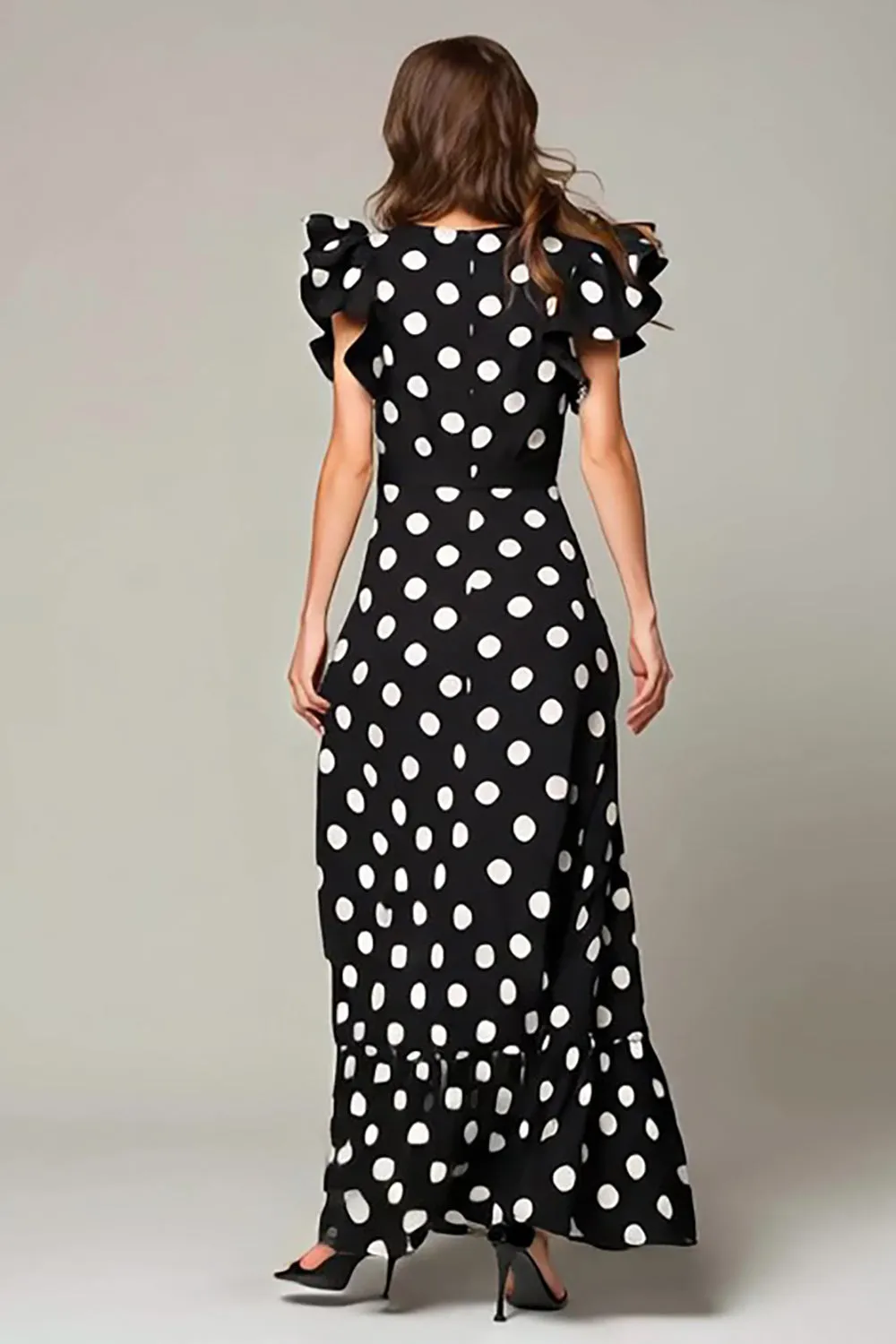 Black White Dot A Line Long Formal Dress with Ruffles sold by Zapaka product image thumbnail 2