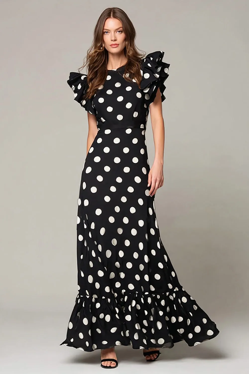 Black White Dot A Line Long Formal Dress with Ruffles sold by Zapaka