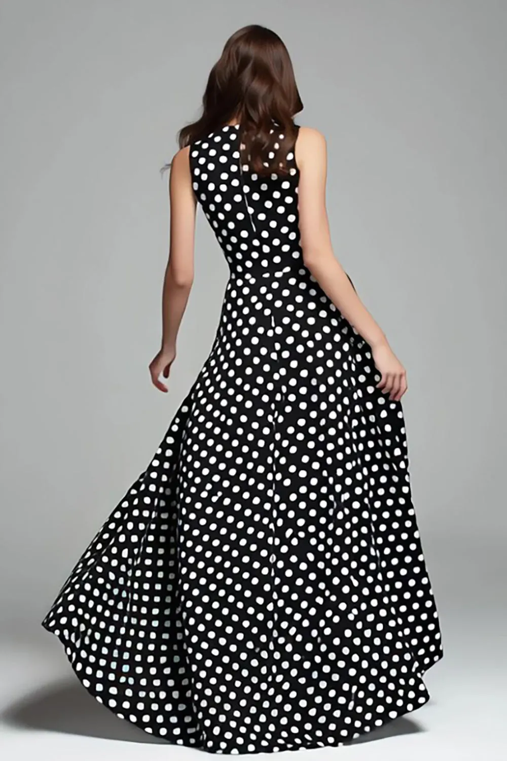 Black White Dot A Line Round Neck Long Formal Dress with Pocket sold by Zapaka product image thumbnail 2