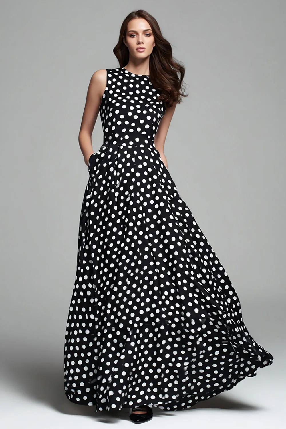 Black White Dot A Line Round Neck Long Formal Dress with Pocket sold by Zapaka