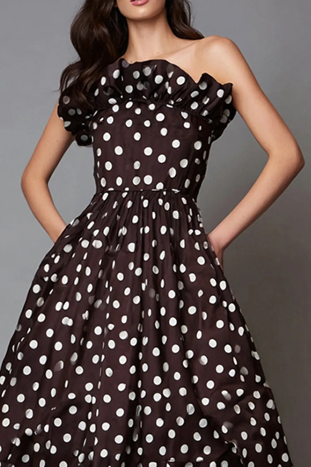 Dark Brown White Dot Strapless Ruffled Formal Dress with Pockets sold by Zapaka product image thumbnail 3