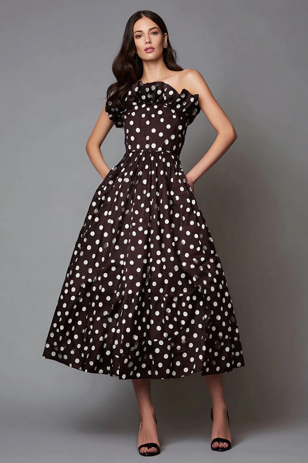 Dark Brown White Dot Strapless Ruffled Formal Dress with Pockets sold by Zapaka