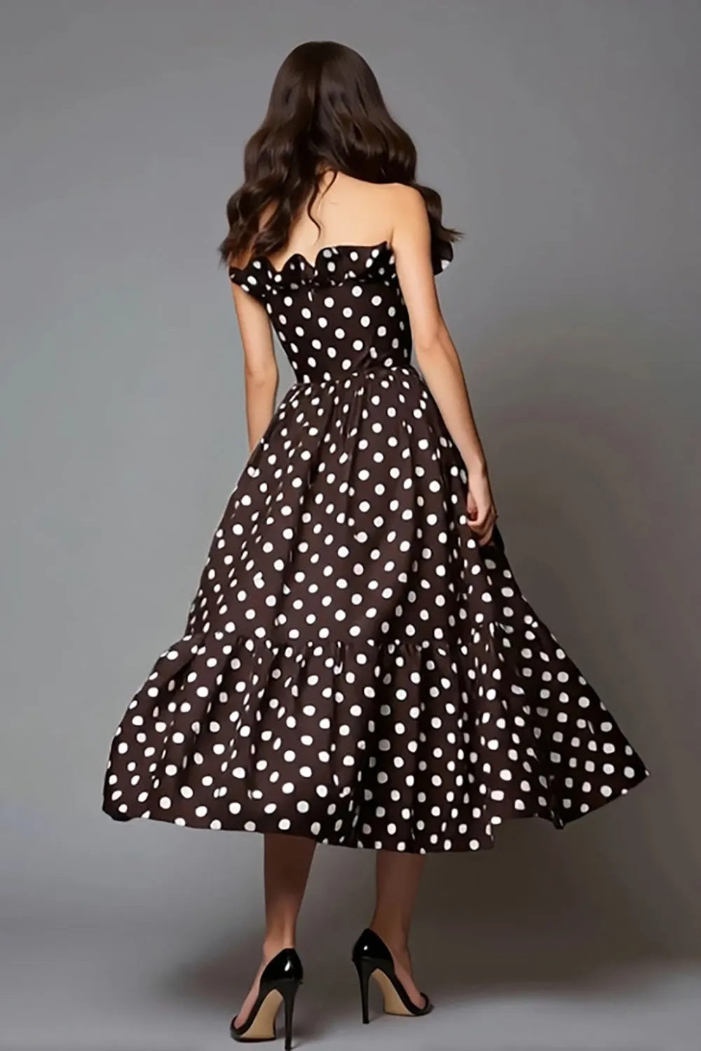Dark Brown White Dot Strapless Ruffled Formal Dress with Pockets sold by Zapaka product image thumbnail 2